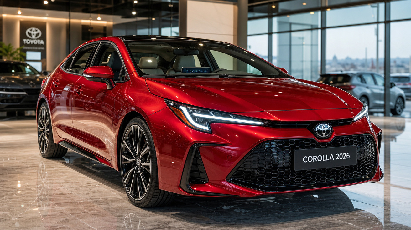 Carro Toyota Corolla 2026 vermelho em exposição dentro de concessionária moderna.