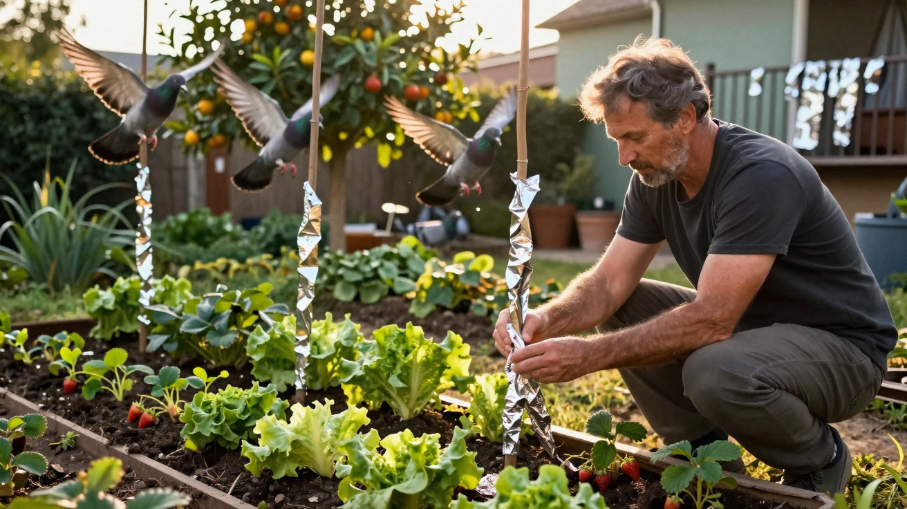 Homem cuidando de plantas em horta caseira enquanto pombos voam ao fundo.