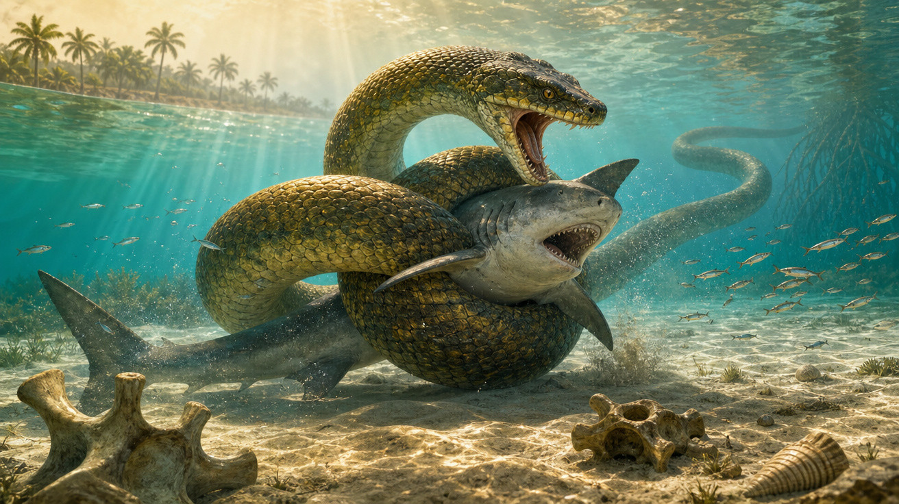 Serpente gigante aquática enrolada e atacando um tubarão no fundo do mar próximo à costa com palmeiras.