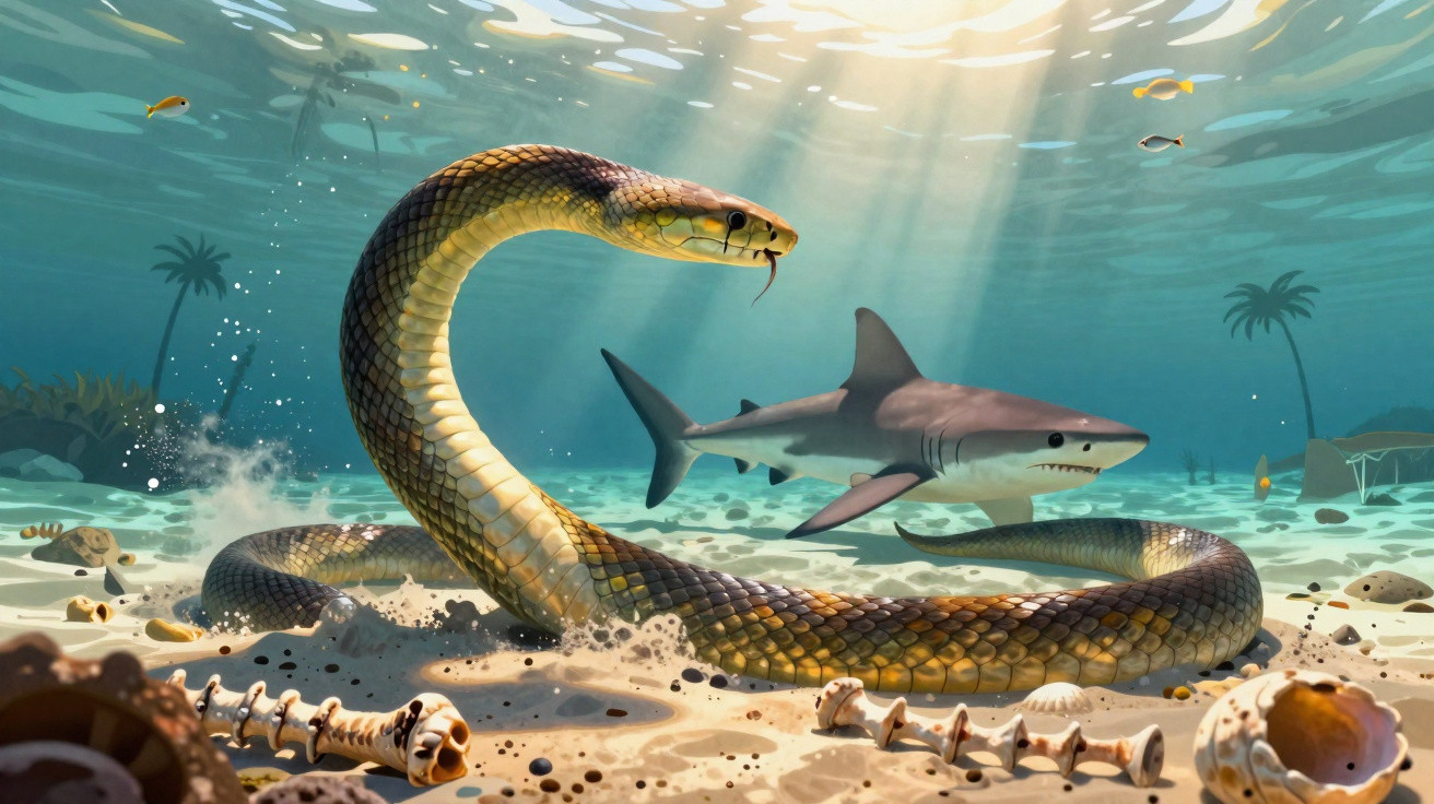 Serpente marinha grande se elevando no fundo do mar com tubarão e esqueletos ao redor.