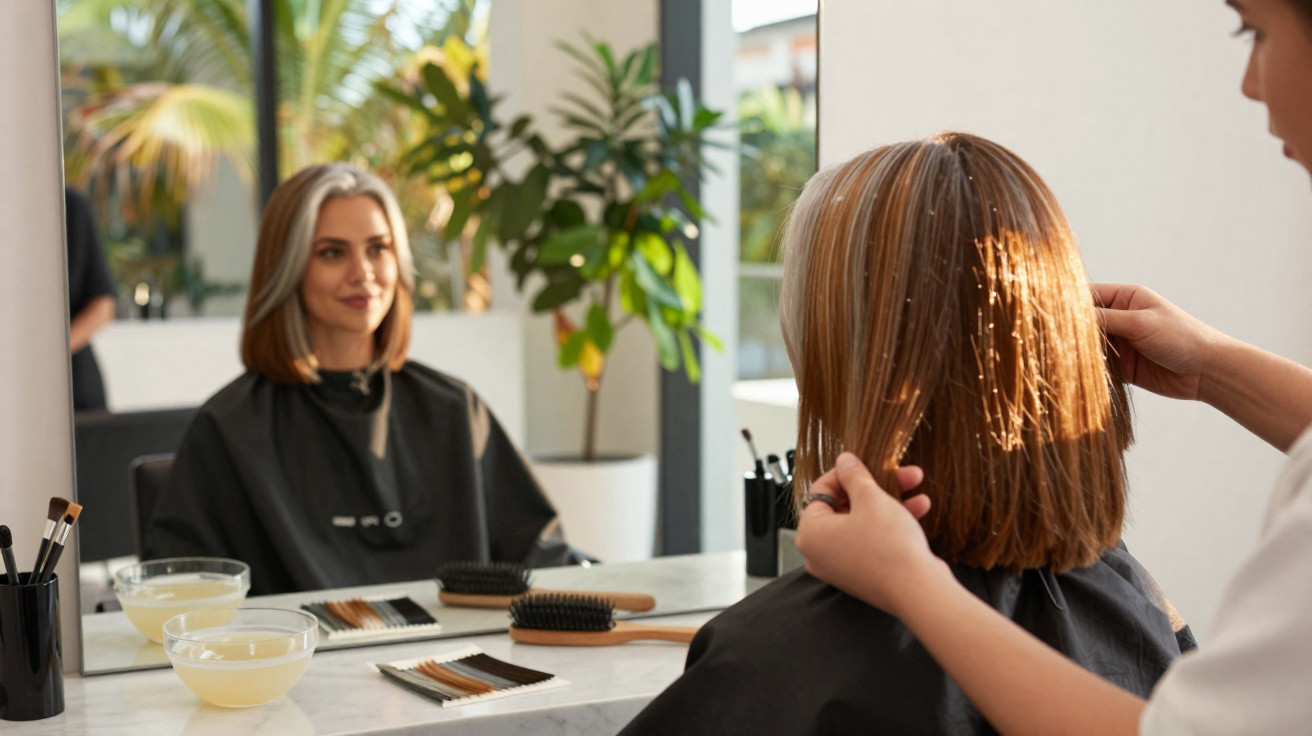 Mulher loira com cabelo curto sentada em salão de beleza enquanto cabeleireira ajeita seu cabelo.