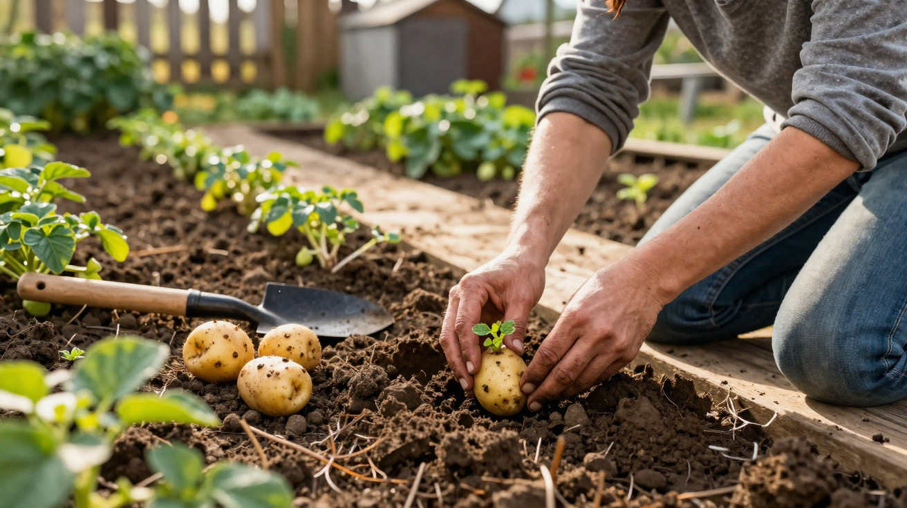 Pessoa plantando batata recém colhida em solo de jardim ao ar livre em dia ensolarado.