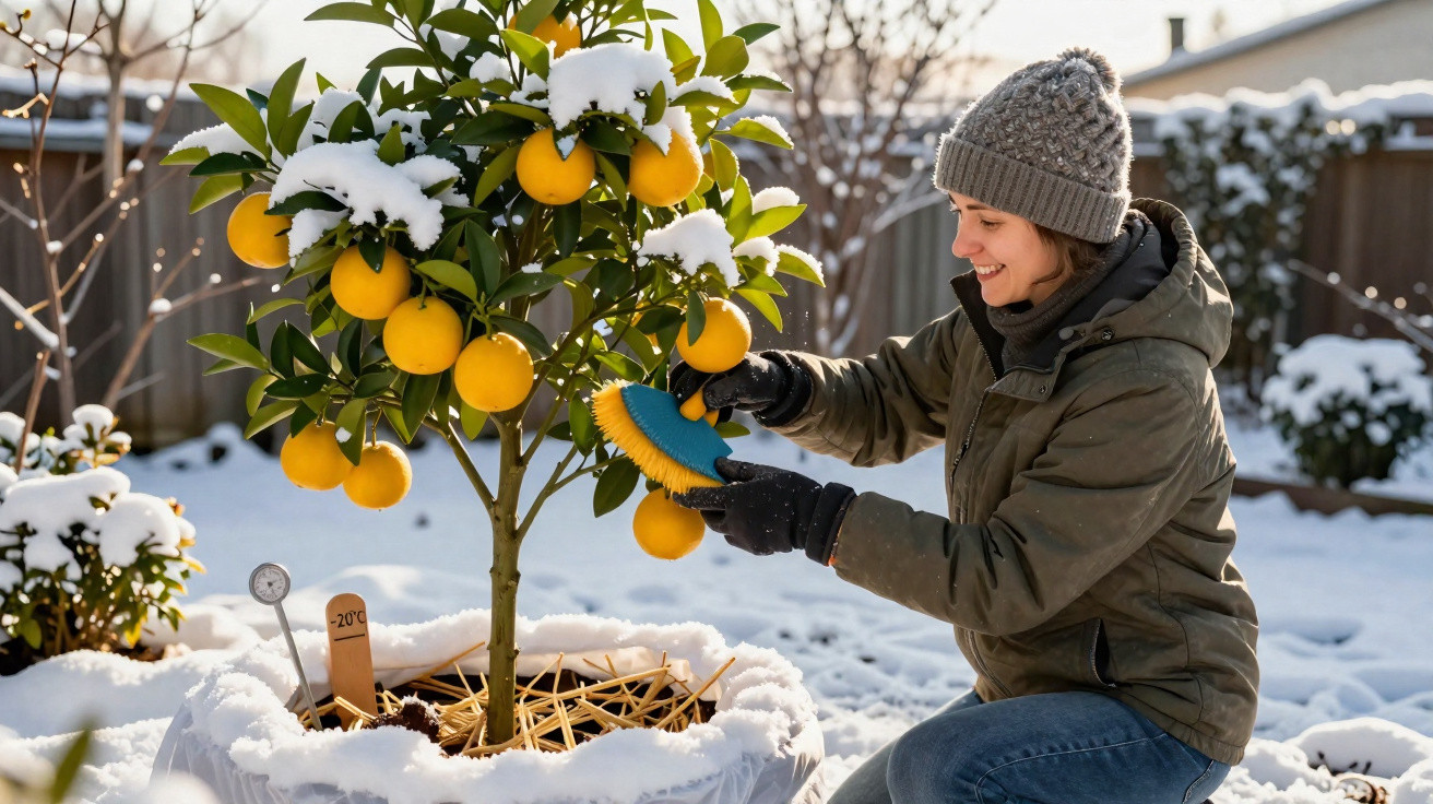 Mulher usando gorro e jaqueta escova uma árvore de laranjas coberta de neve em jardim.
