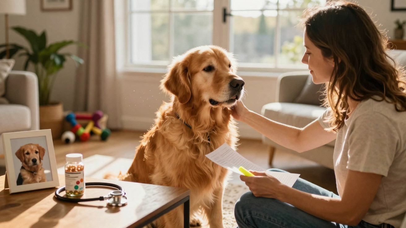 Mulher examina cão golden retriever em sala de estar com frascos de remédio e estetoscópio na mesa.