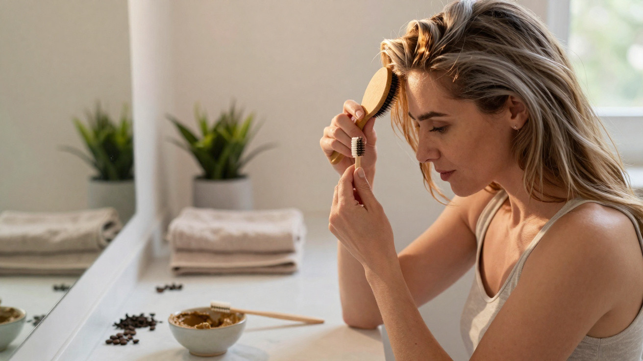 Mulher penteando o cabelo em frente ao espelho em uma bancada com plantas e toalhas.