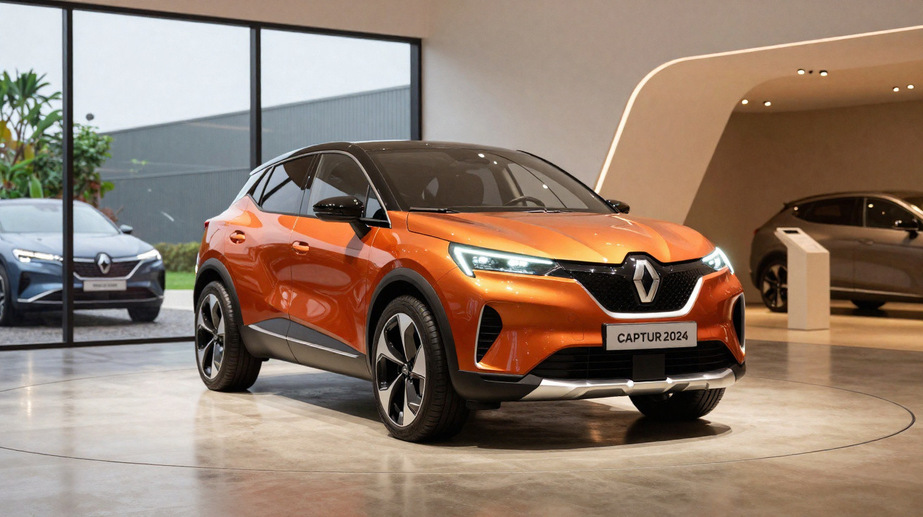 Carro Renault Captur 2024 na cor laranja exposto em showroom moderno com iluminação suave.