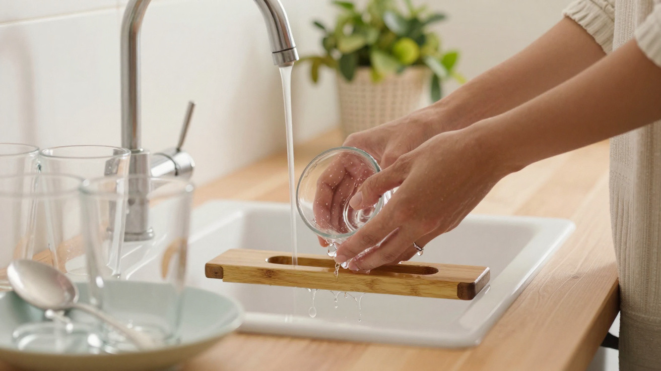 Pessoa lavando copo na pia da cozinha com água da torneira, ao lado de pratos e utensílios.