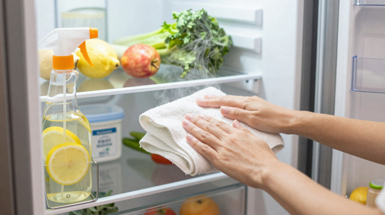 Mãos segurando pano limpo vaporizando dentro de geladeira com spray de limão e frutas.