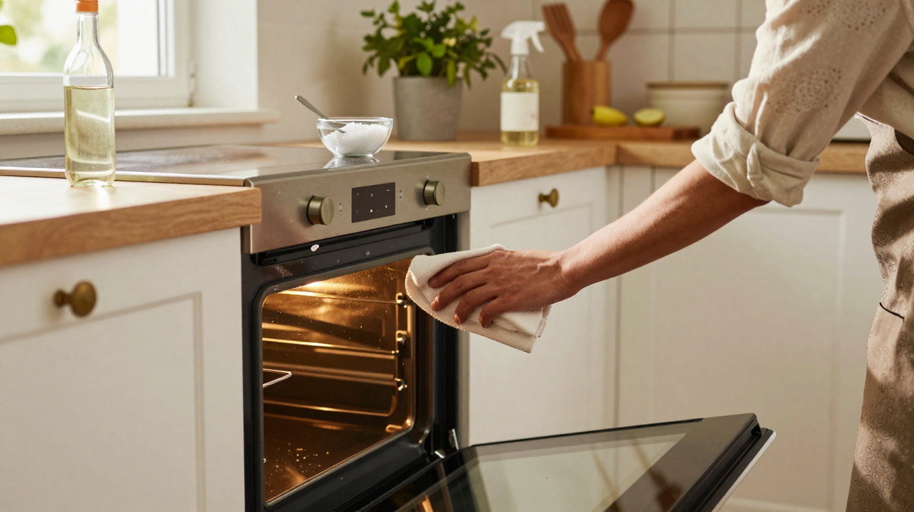 Pessoa limpando o interior de um forno elétrico em uma cozinha moderna e iluminada.