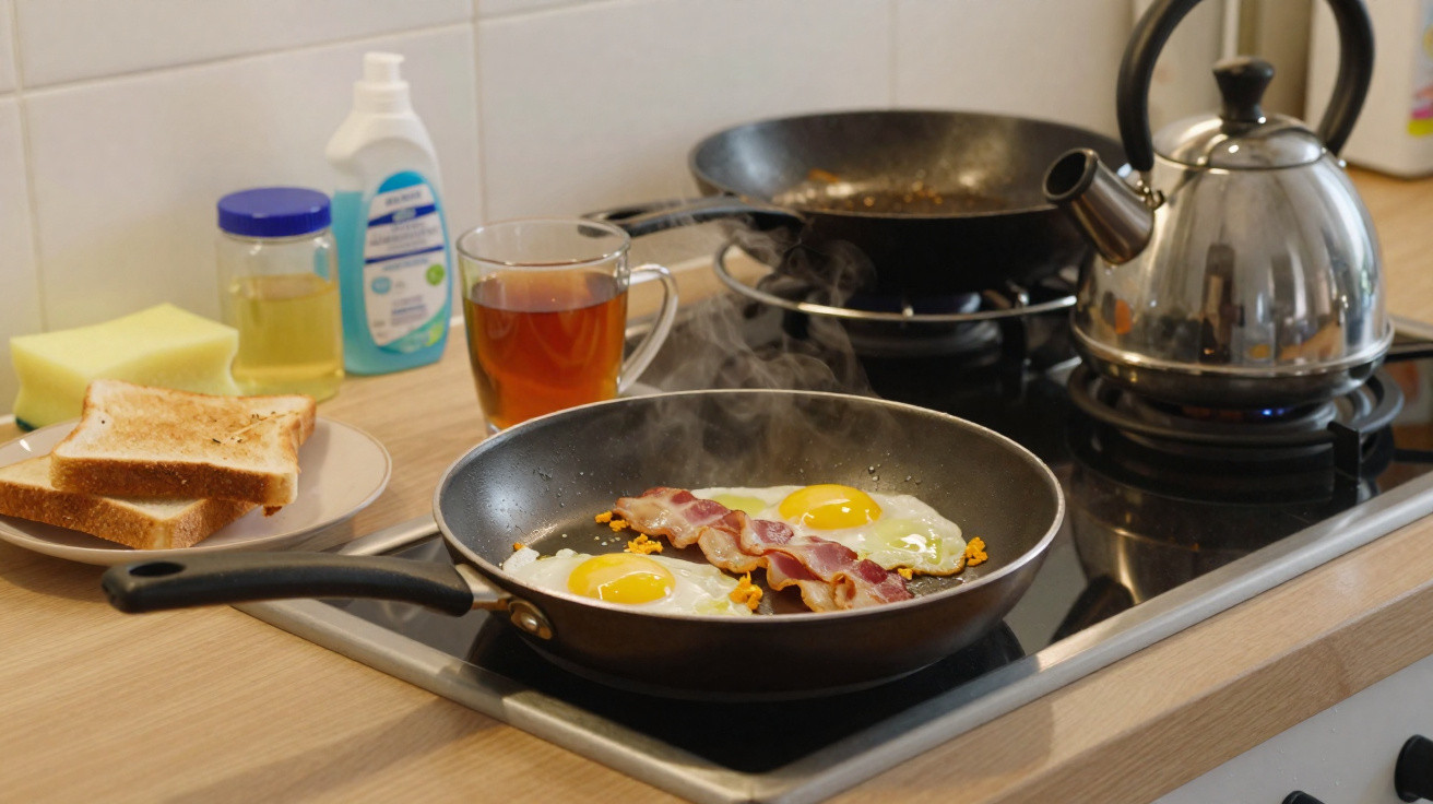 Ovos fritos com bacon na frigideira e torradas ao lado sobre bancada de cozinha.