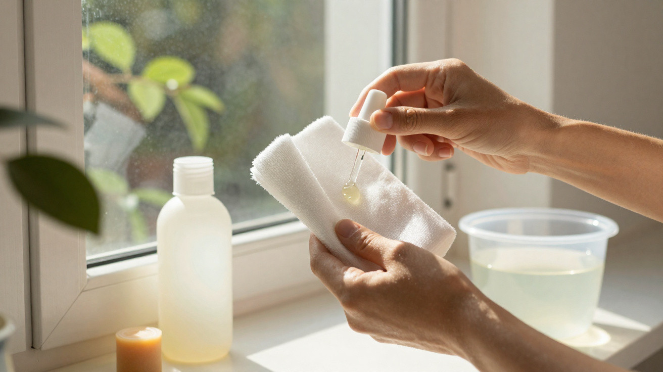 Pessoa aplicando óleo ou produto em conta-gotas sobre pano branco próximo à janela iluminada pela luz natural.