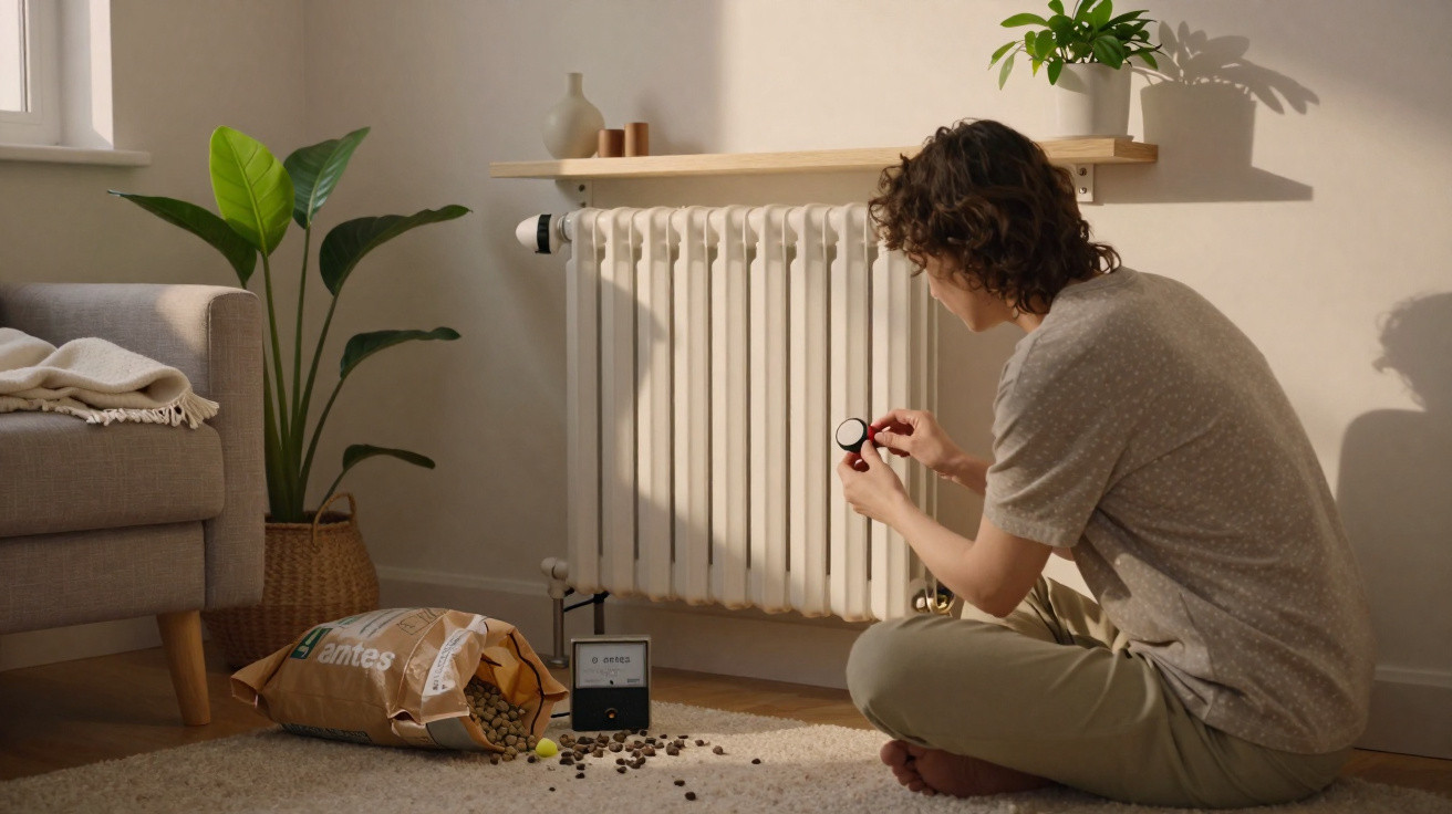 Pessoa sentada no chão ajusta termostato de aquecedor perto de saco de pellets e planta.