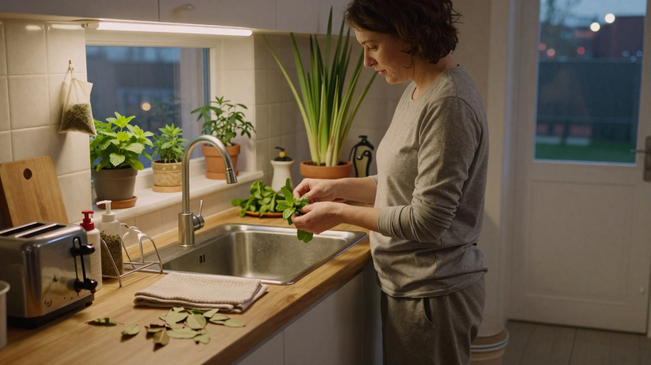 Pessoa preparando ervas frescas em uma cozinha iluminada, com plantas próximas à pia e janela ao fundo.