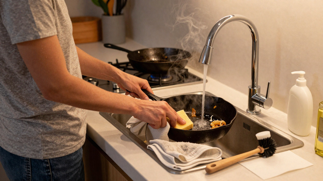 Pessoa lavando frigideira quente com esponja na pia da cozinha com vapor e líquido correndo na torneira.