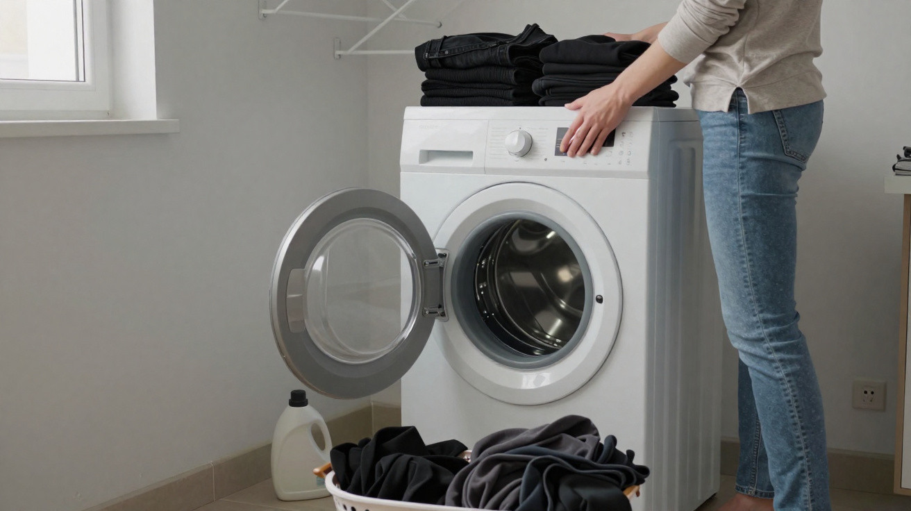 Pessoa usando máquina de lavar roupa branca com pilha de roupas pretas dobradas em cima e cesta com roupas na frente.