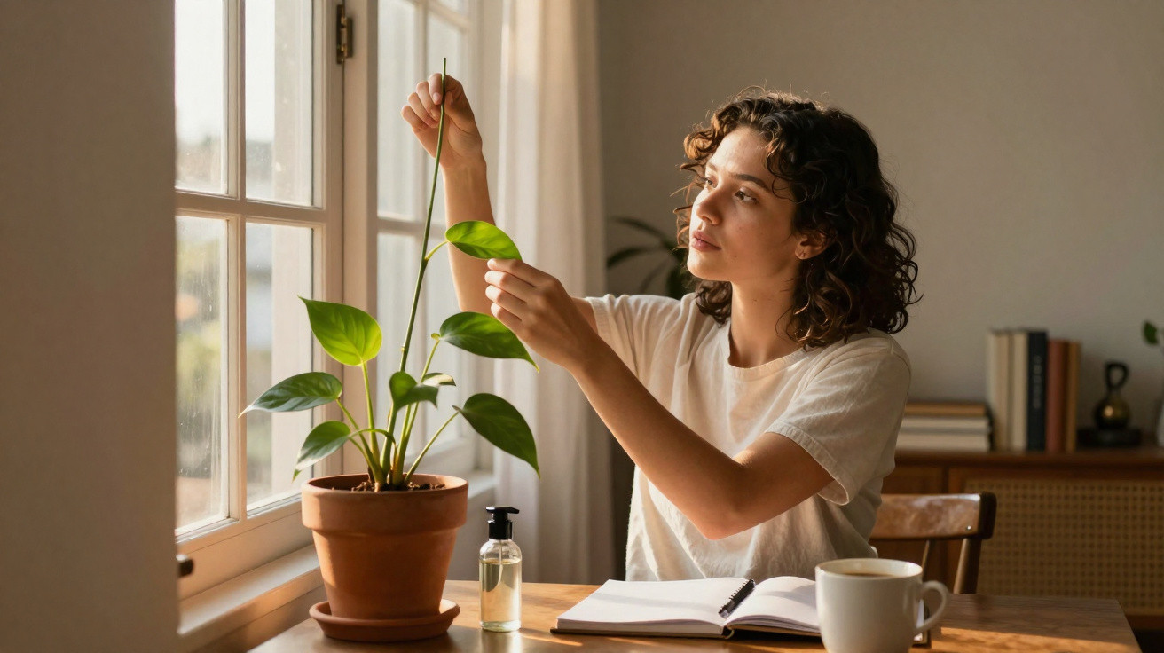Mulher cuidando de planta em vaso ao lado de janela, com caderno, caneta e xícara sobre mesa de madeira.