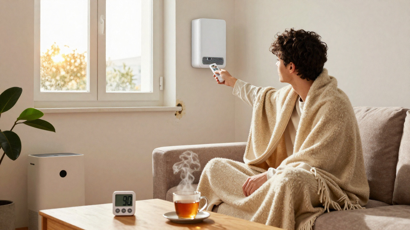 Pessoa com manta no sofá ajusta aquecedor elétrico em sala iluminada, com xícara de chá e umidificador na mesa.