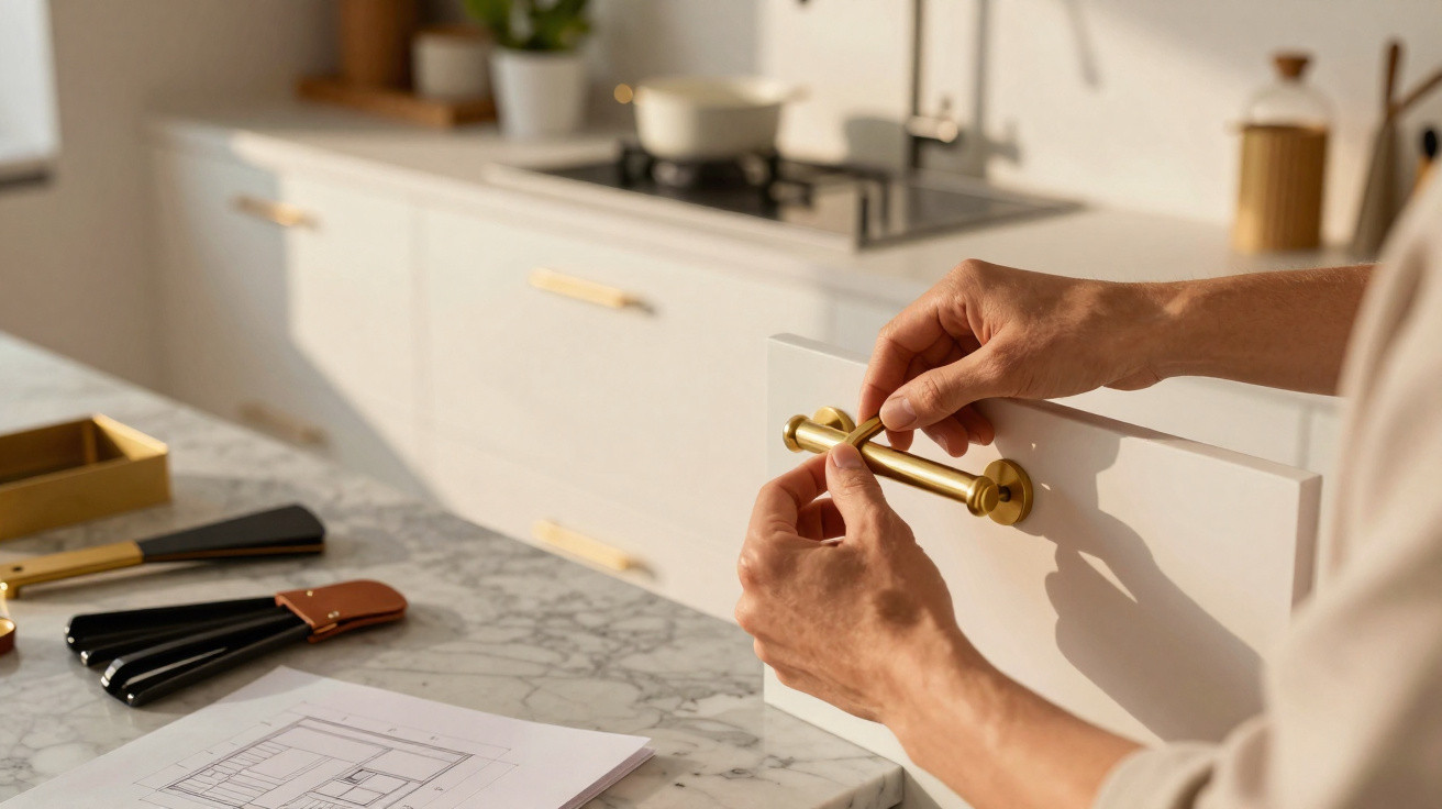 Pessoa instalando puxador dourado em armário branco em cozinha com bancada de mármore.
