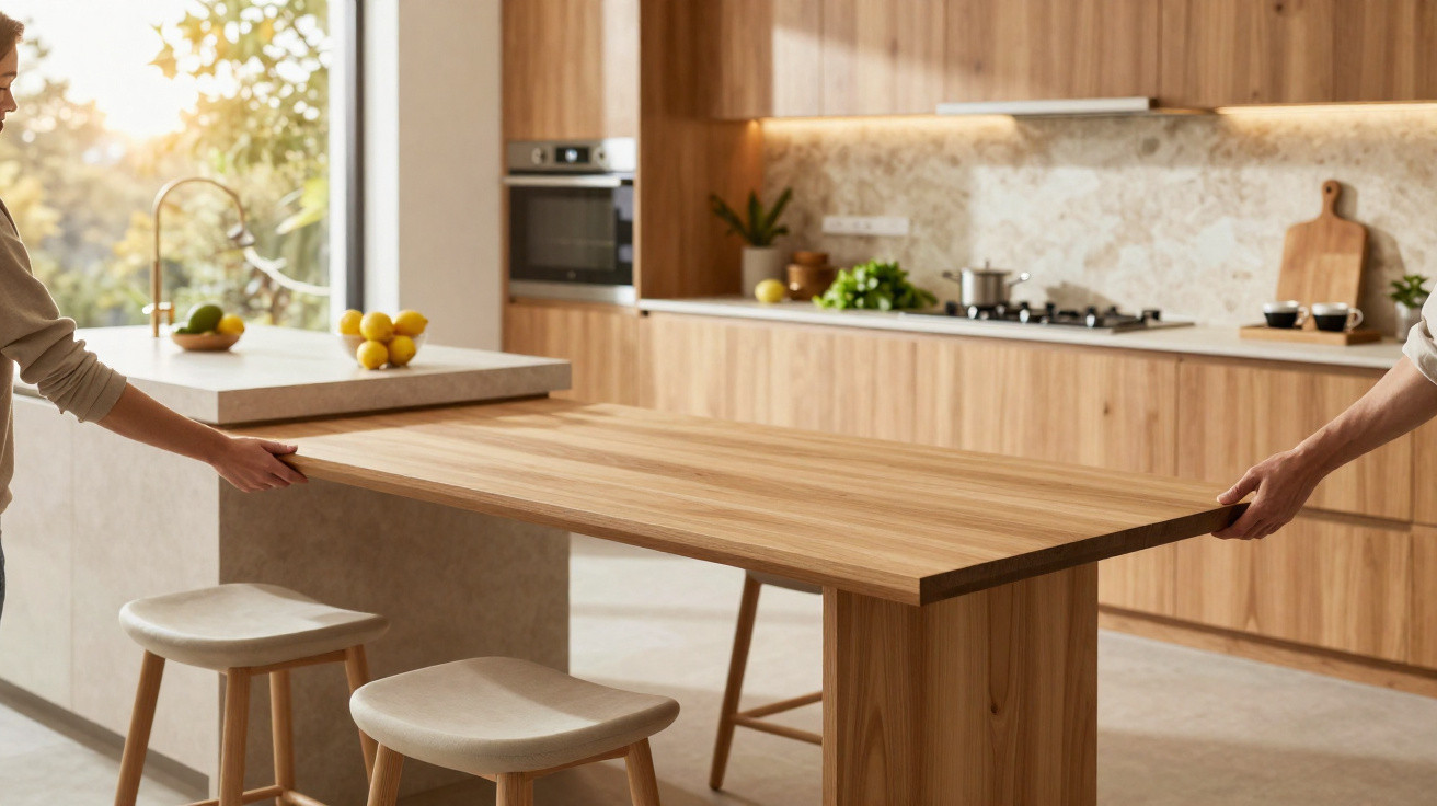 Duas pessoas ajustam mesa de madeira extensível em cozinha moderna com armários em tom natural.