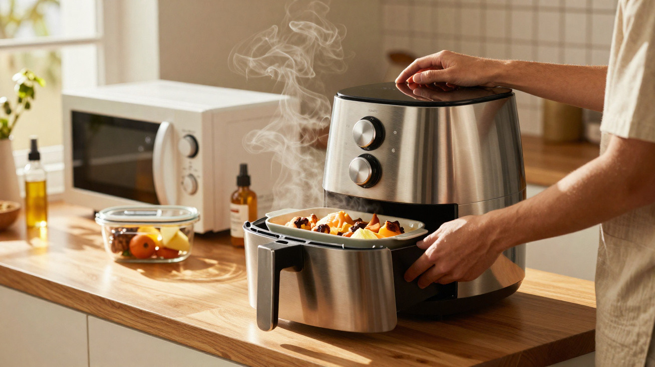 Pessoa tirando comida quente de fritadeira elétrica de aço inox em cozinha com bancada de madeira.