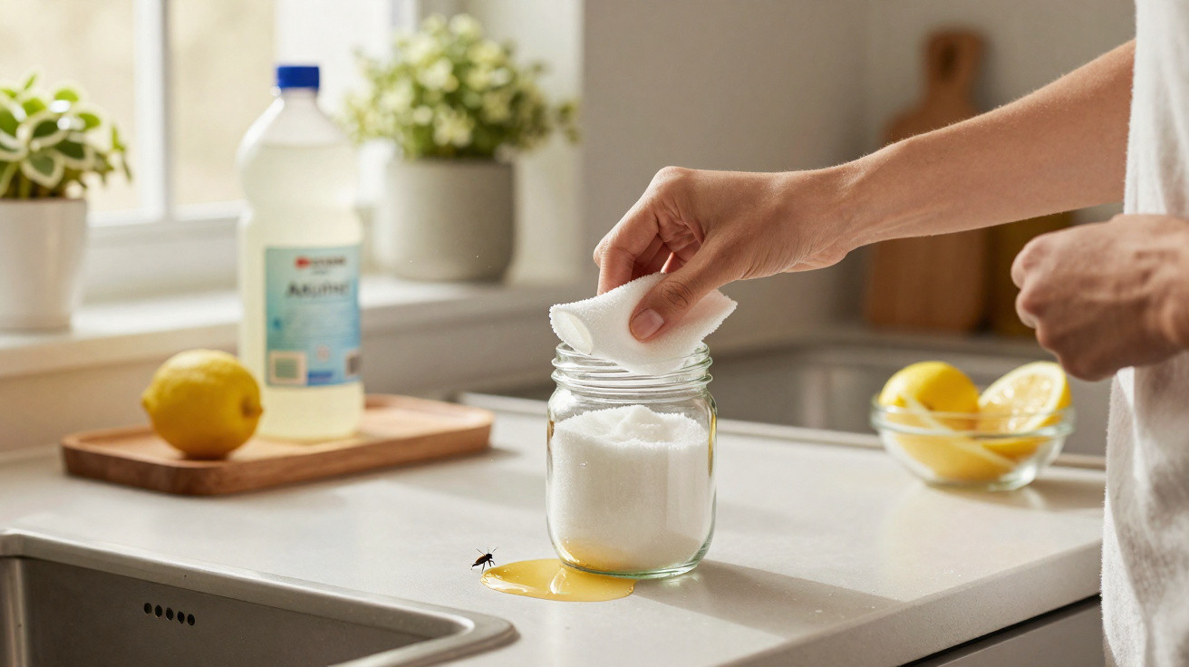 Pessoa colocando um pedaço de algodão em pote com bicarbonato, perto de limões e vinagre na cozinha.