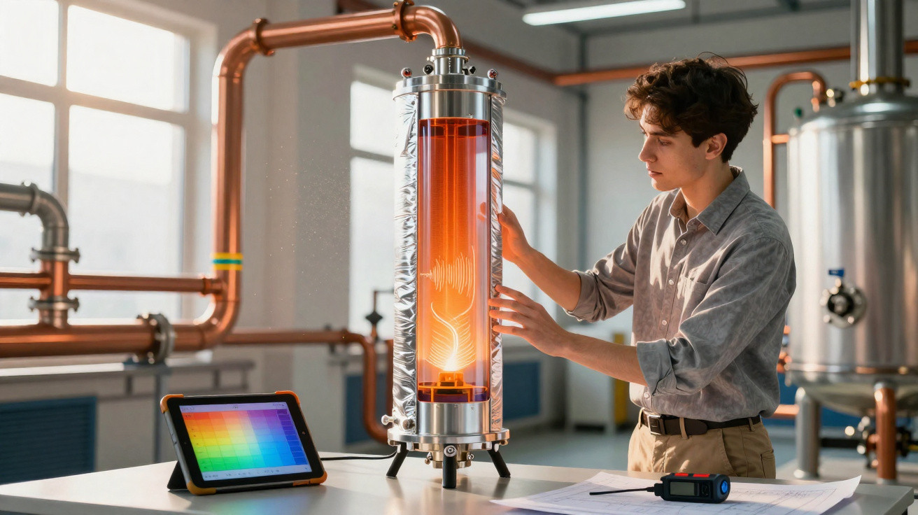 Jovem inspeciona equipamento tecnológico tubular iluminado em laboratório com tablet e desenhos técnicos na mesa.