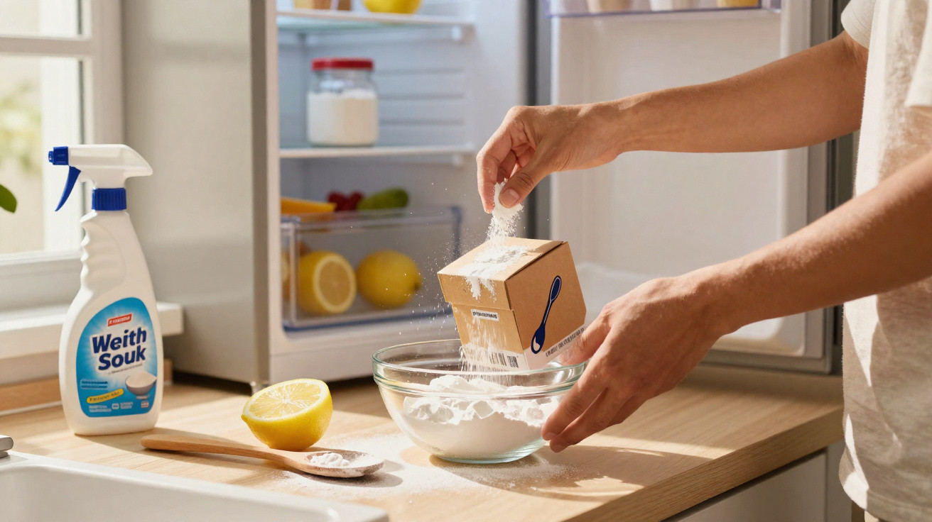 Pessoa segurando caixa de pó branco sobre tigela de vidro em bancada de cozinha com geladeira ao fundo.