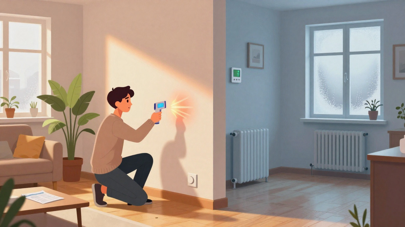 Pessoa usando um medidor de temperatura na parede em ambiente interno com luz natural e plantas.