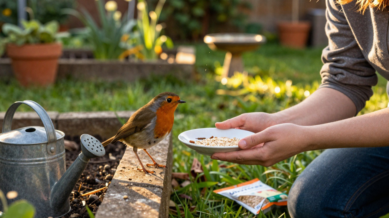 Pessoa alimenta um passarinho com peito laranja em um jardim ao entardecer.
