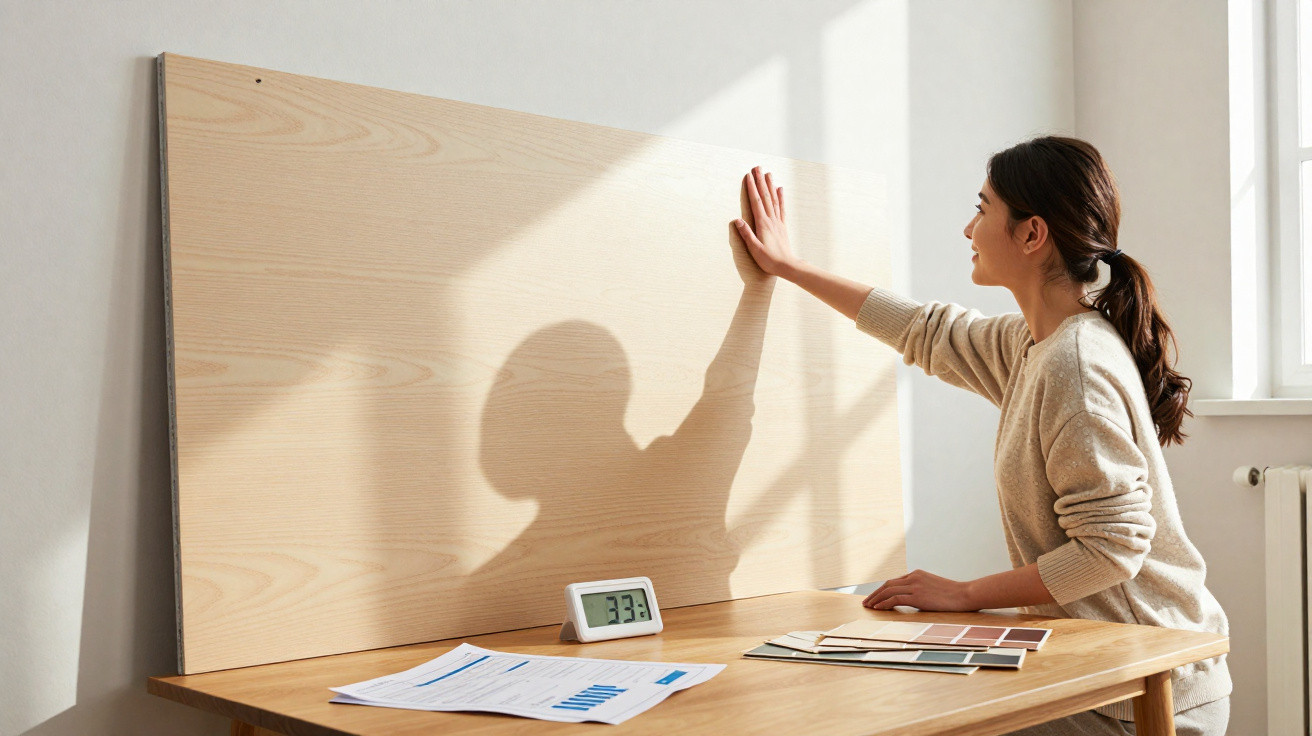 Mulher sentada à mesa ajustando painel de madeira com amostras de cores e documentos.