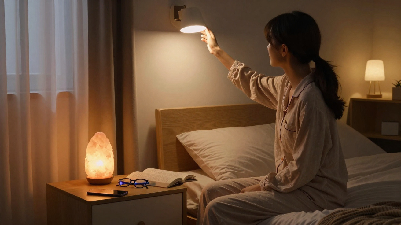 Mulher em pijama acendendo luminária de parede ao lado da cama em quarto com luz suave.