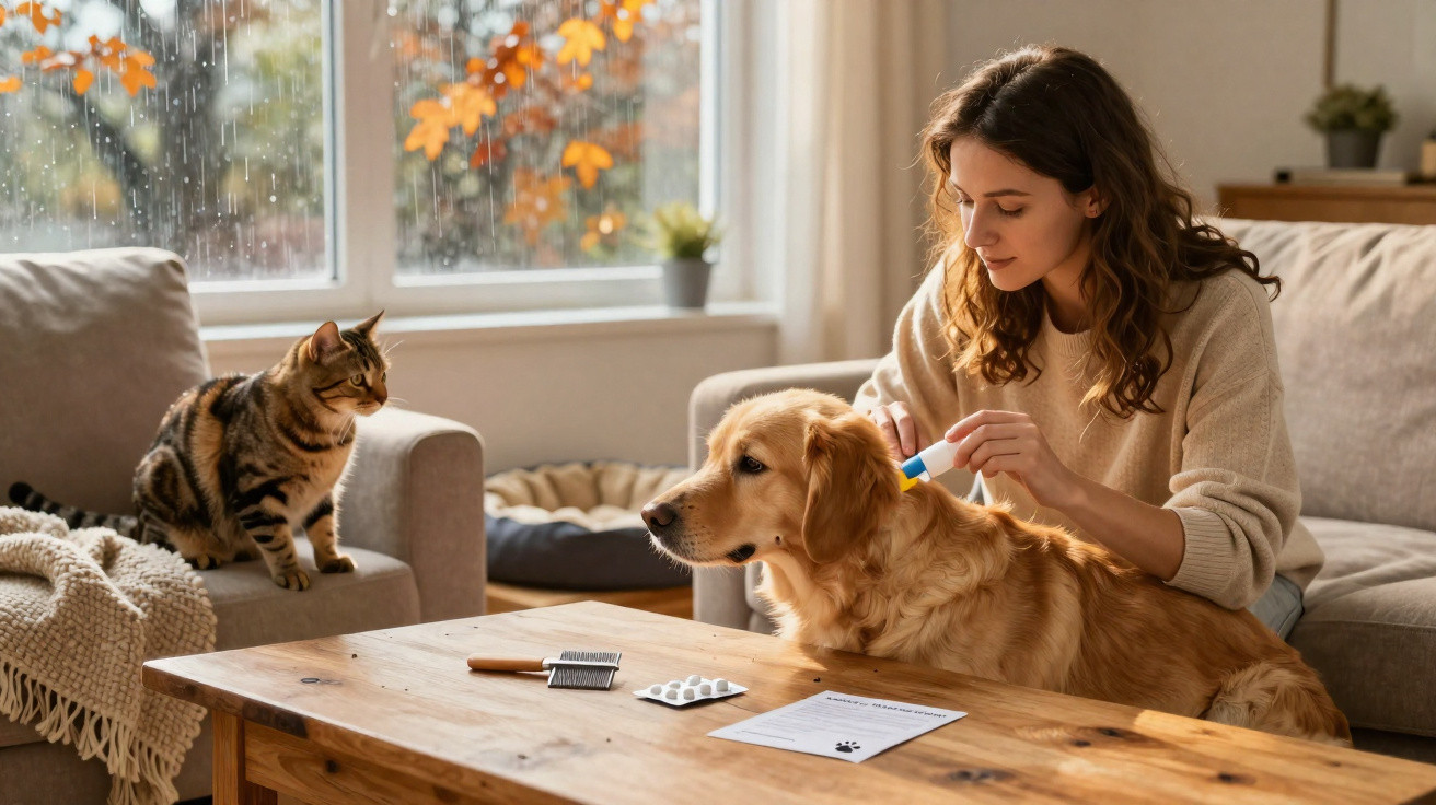 Mulher aplicando medicamento em cachorro dourado com gato observando em sala durante chuva.