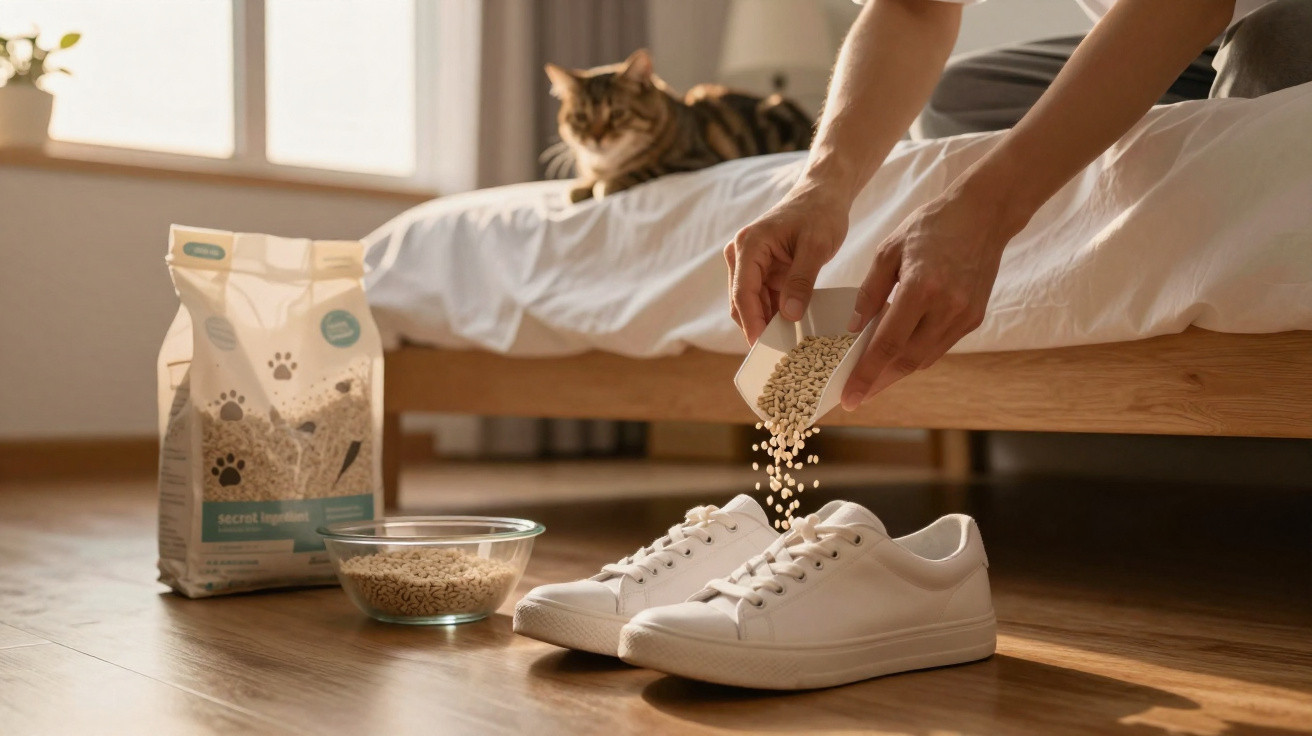 Pessoa despejando grãos para gato em tigela perto de tênis brancos, com gato e cama ao fundo.