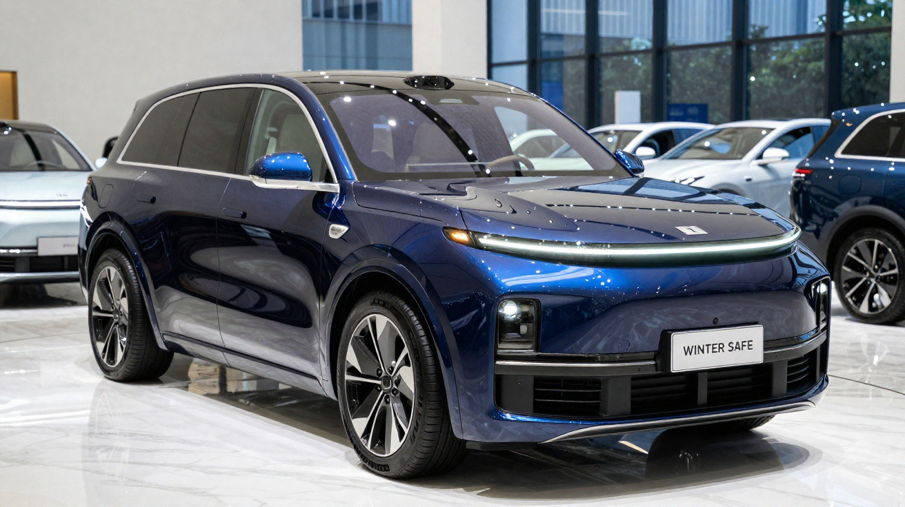 Carro SUV elétrico azul Winter Safe em exposição dentro de showroom moderno e iluminado.