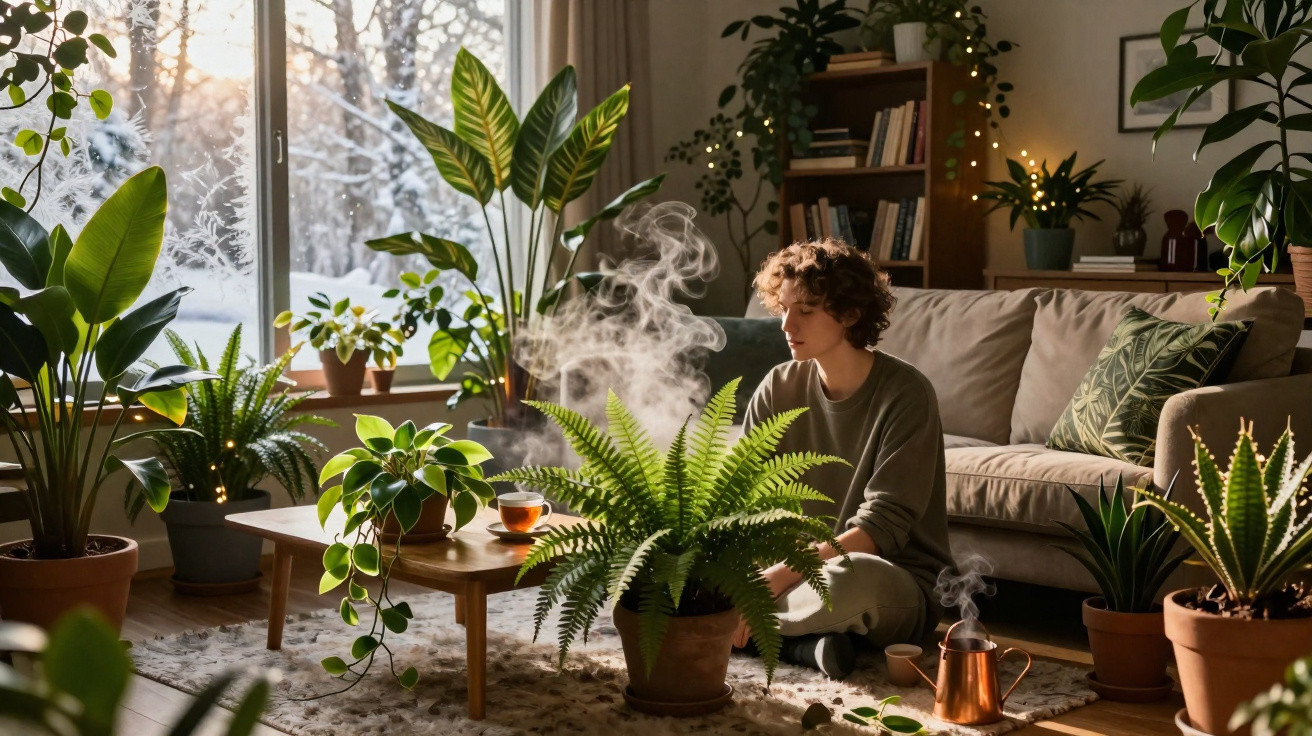 Jovem cuidando de plantas em sala iluminada, com janela mostrando paisagem de inverno e neve do lado de fora.