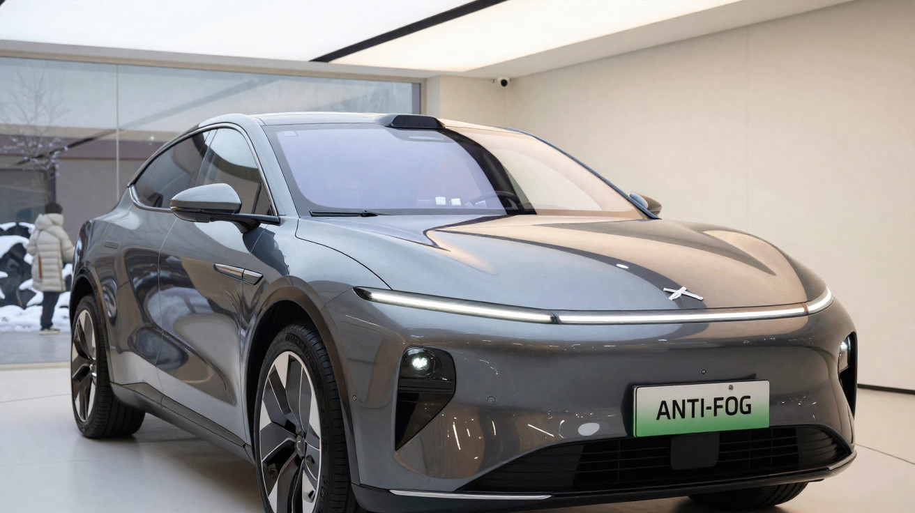 Carro elétrico cinza moderno exposto em ambiente interno com placa personalizada "ANTI-FOG".