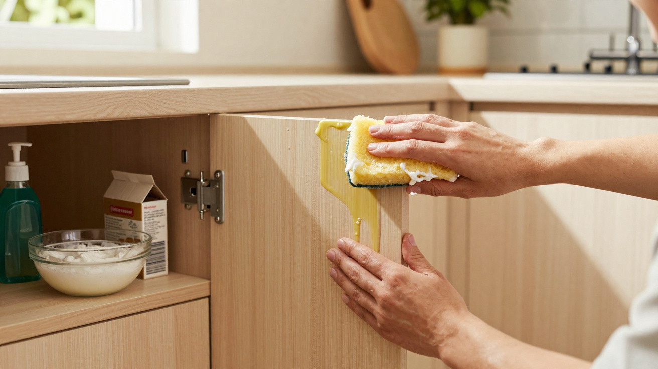 Pessoa limpando líquido derramado em armário de cozinha com esponja amarela.