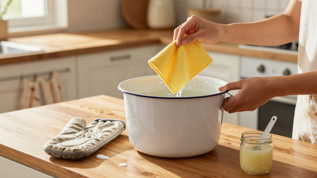 Pessoa espremendo pano amarelo sobre bacia branca na cozinha com pote de vidro ao lado.