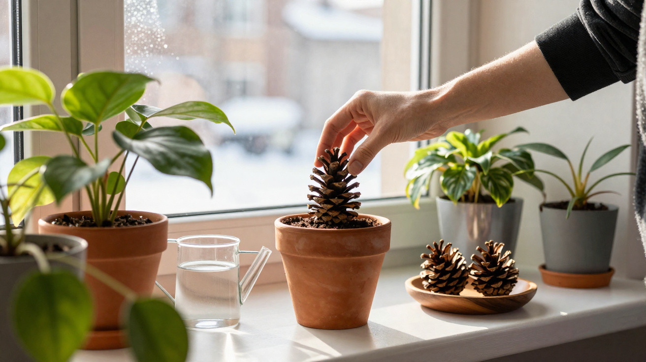 Mão colocando uma pinha em vaso de barro perto de plantas e regador em parapeito de janela iluminada.