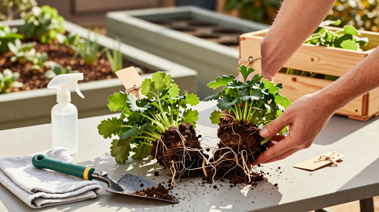 Mãos segurando mudas de plantas com raízes expostas sobre mesa com ferramentas de jardinagem ao redor.