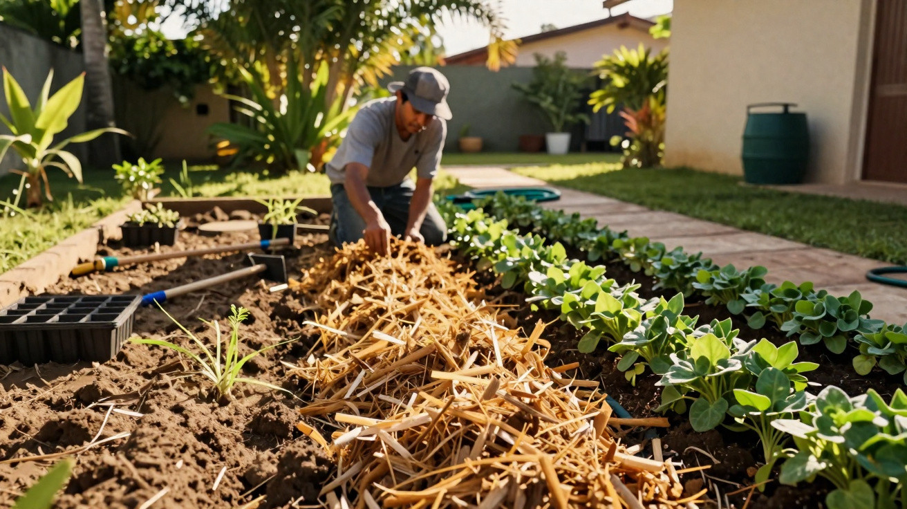 Homem trabalhando em jardim com plantas e cobertura de palha sob luz do sol em área residencial.