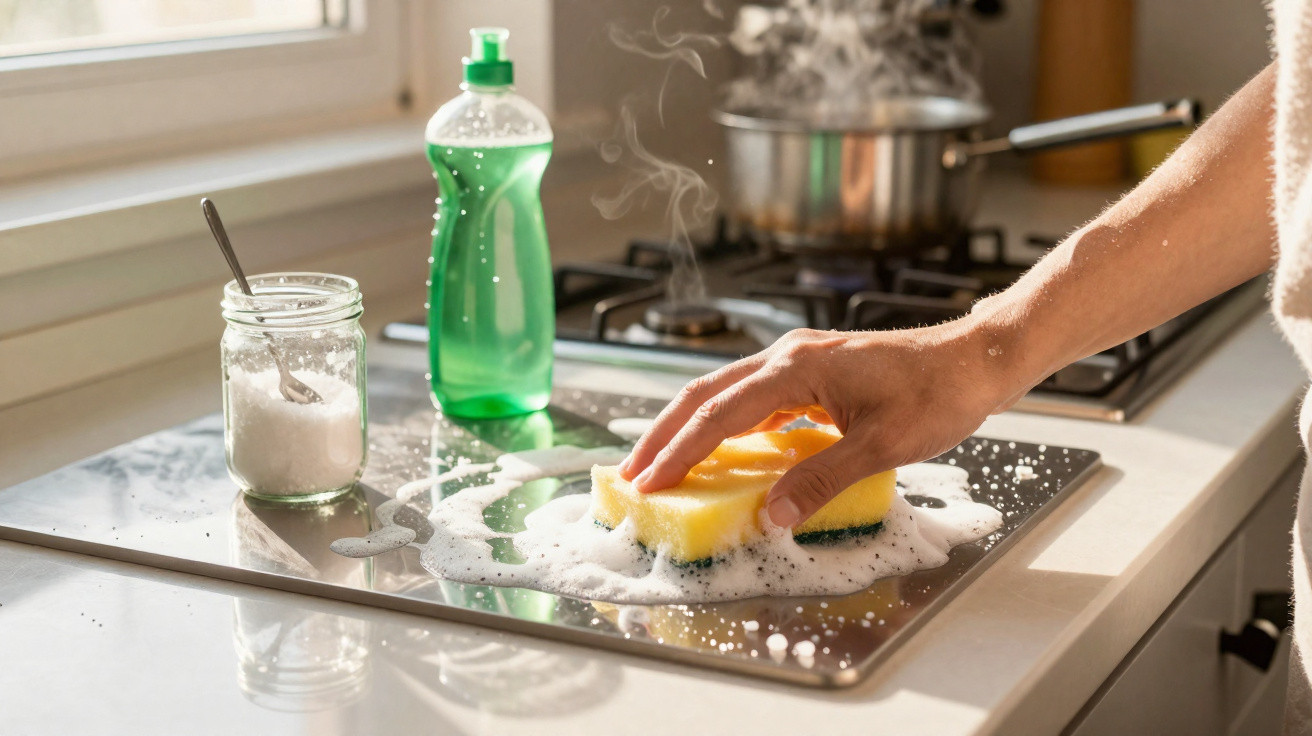 Pessoa limpando fogão com esponja, detergente e sabão em pó em cozinha iluminada pelo sol.