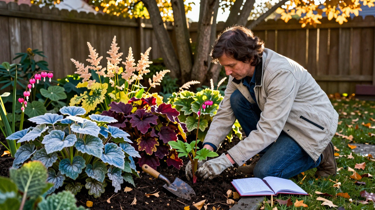 Homem cuidando do jardim, plantando flores coloridas em canteiro com livro aberto ao lado.