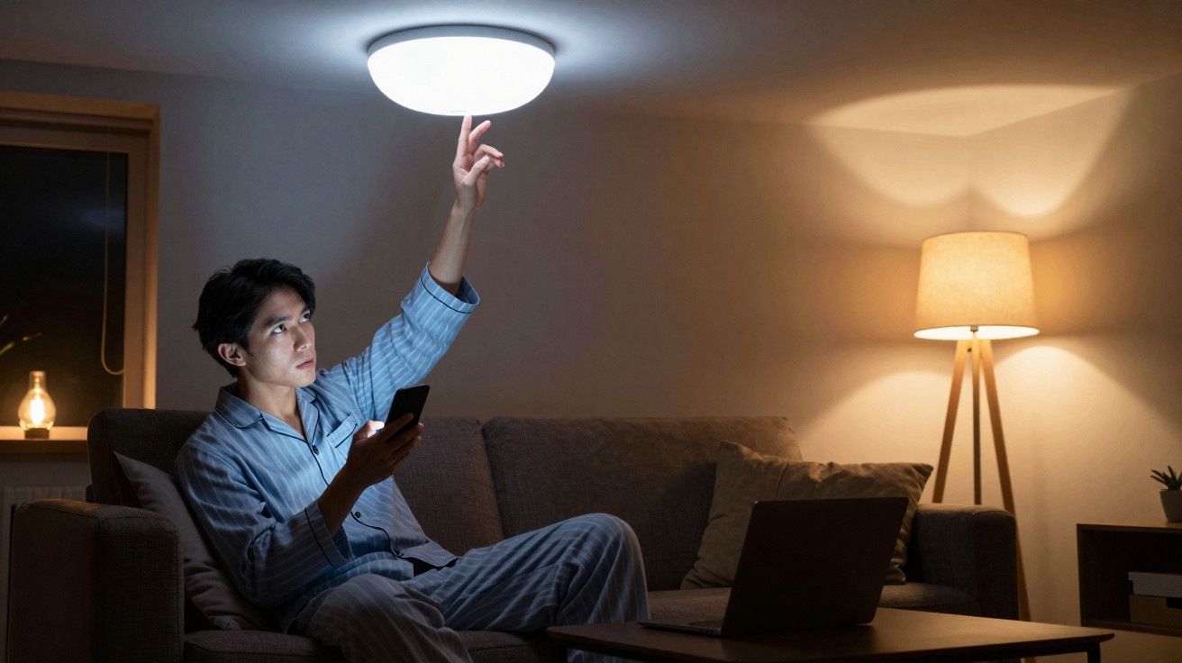 Homem em pijama sentado no sofá ligando a luz do teto com controle remoto durante a noite.