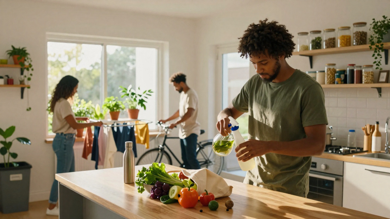 Homem borrifando planta na cozinha enquanto casal cuida de roupas e bicicleta ao fundo em ambiente iluminado.