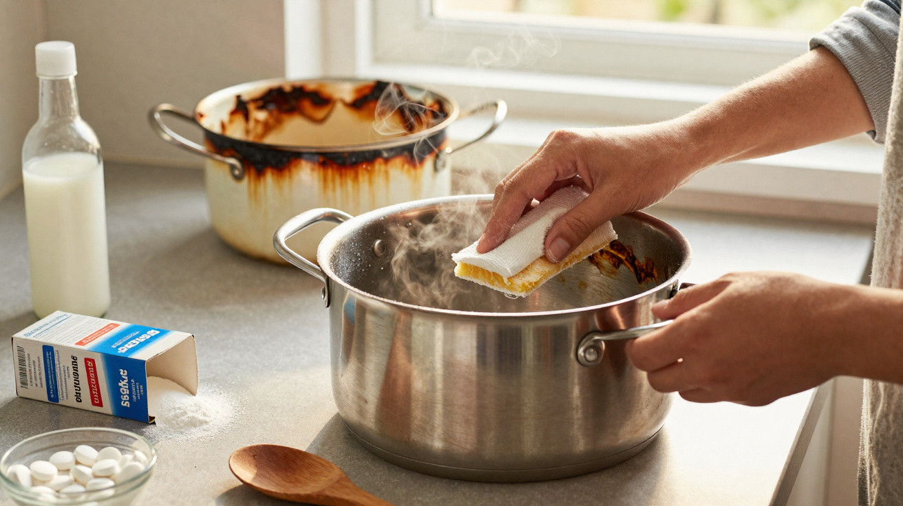 Pessoa limpando panela de aço inox com esponja, ao lado de remédios e panela queimada na bancada da cozinha.