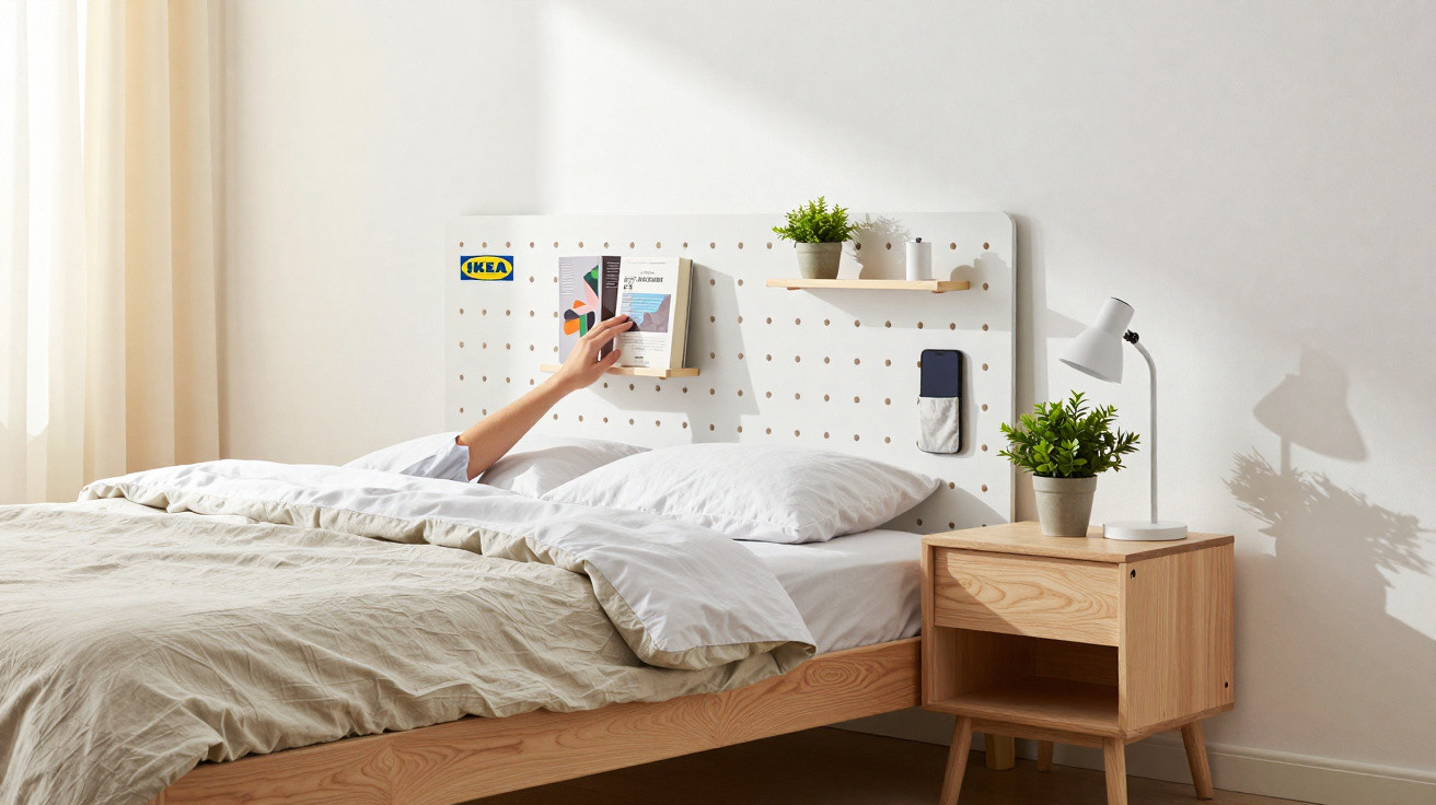 Quarto com cama de madeira, cabeceira funcional, planta, abajur e pessoa lendo livro na cama.