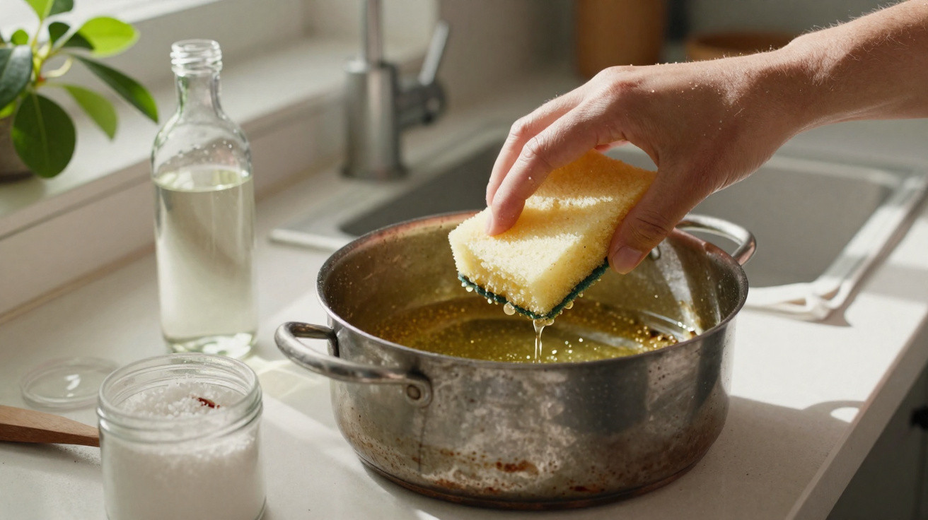 Mão segurando esponja molhada sobre panela suja em pia de cozinha com vidro de água e pote de sal.
