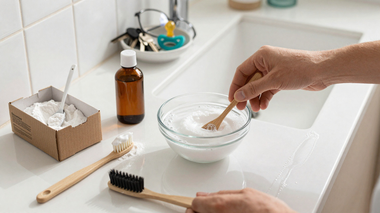 Pessoa misturando pasta caseira para limpeza de dentes com escovas e ingredientes em bancada de banheiro.