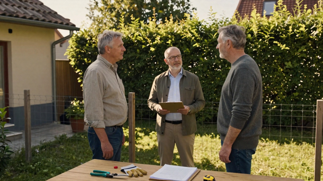 Três homens conversam em um jardim ensolarado, com ferramentas e documentos sobre uma mesa ao ar livre.